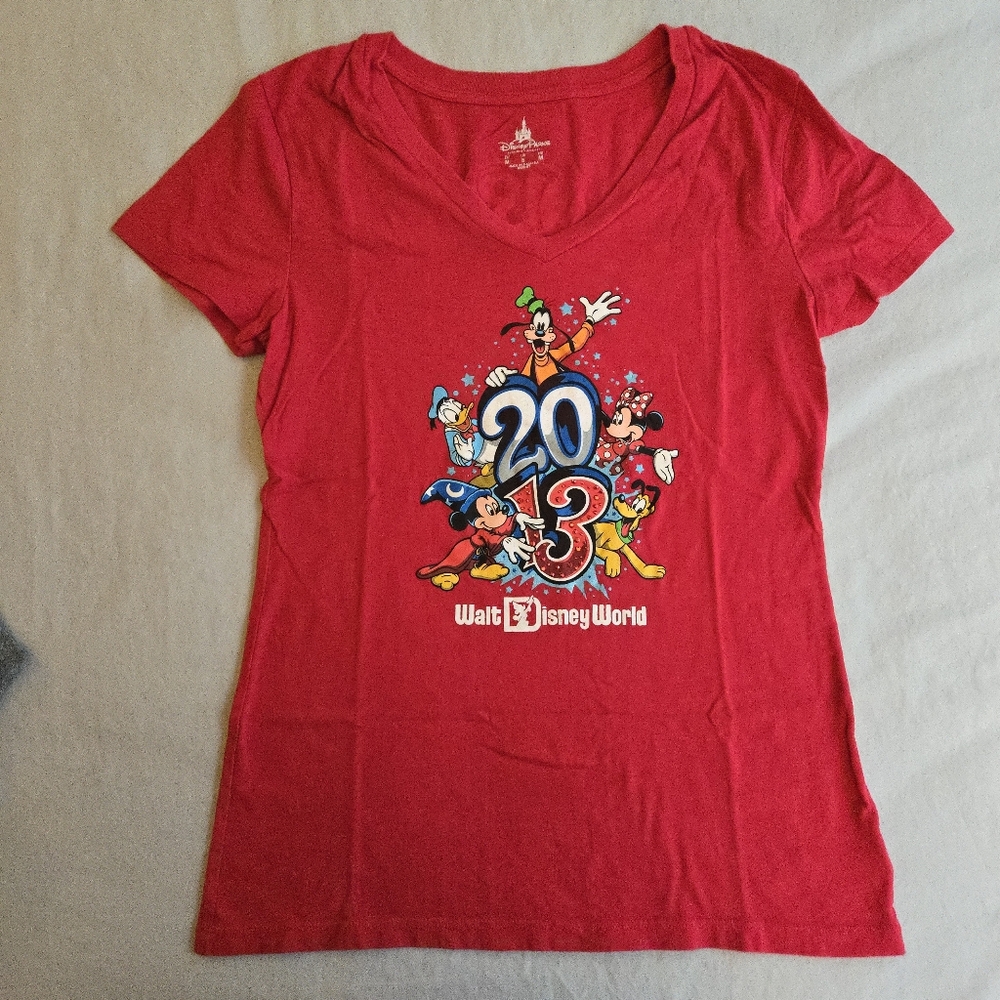 Disney 2013 Authentic Women's Fit S Red Vneck Rhinestones Classic Characters